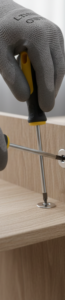 Hands tightening a cam lock on a wobbly IKEA shelf with a screwdriver to stabilize it.