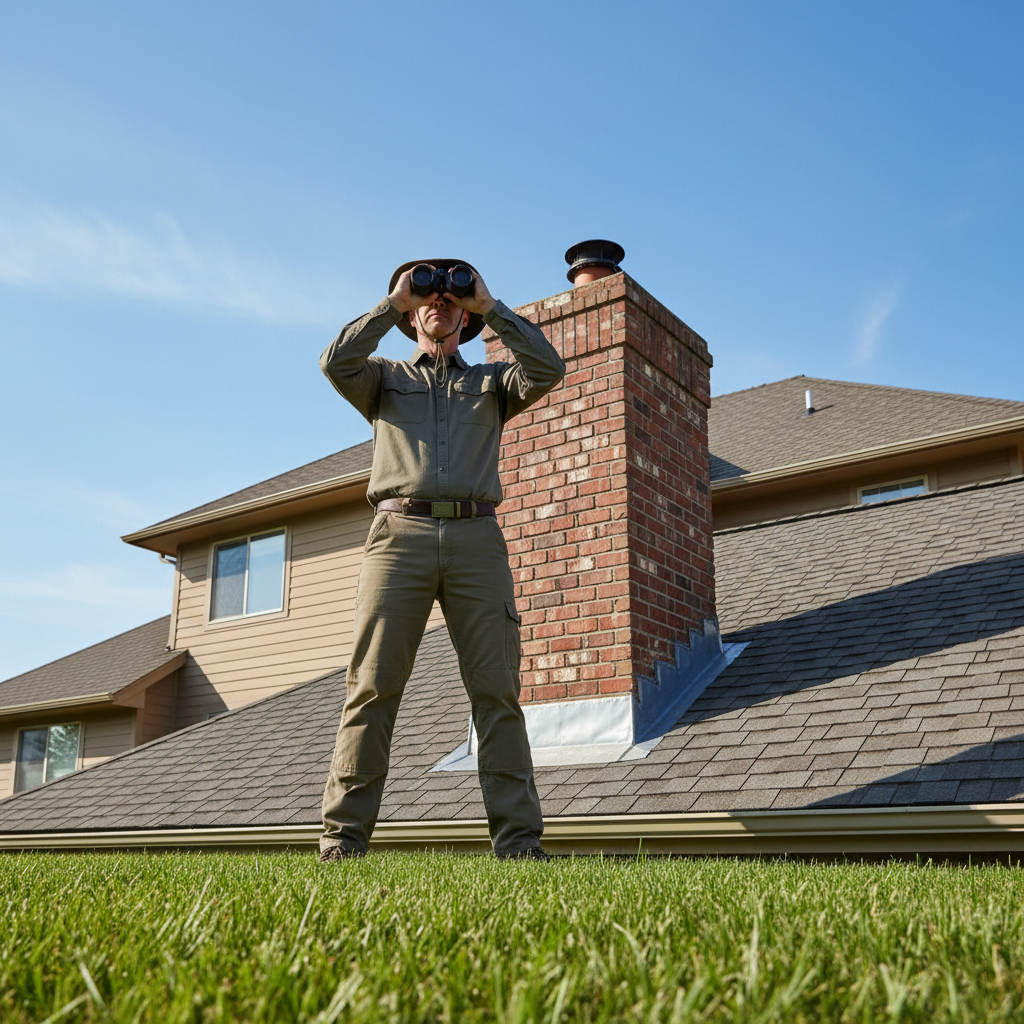 Homeowner uses binoculars to inspect roof flashing on a residential house for leaks.