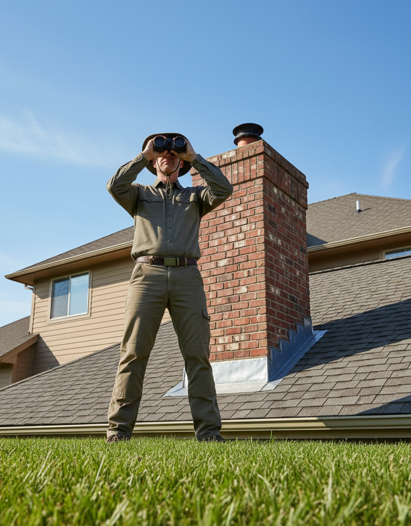 Homeowner uses binoculars to inspect roof flashing on a residential house for leaks.