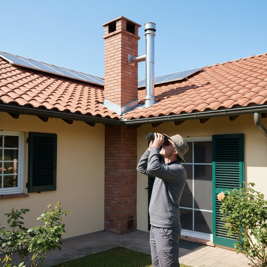 Homeowner inspecting roof flashing around a chimney with binoculars from the ground.