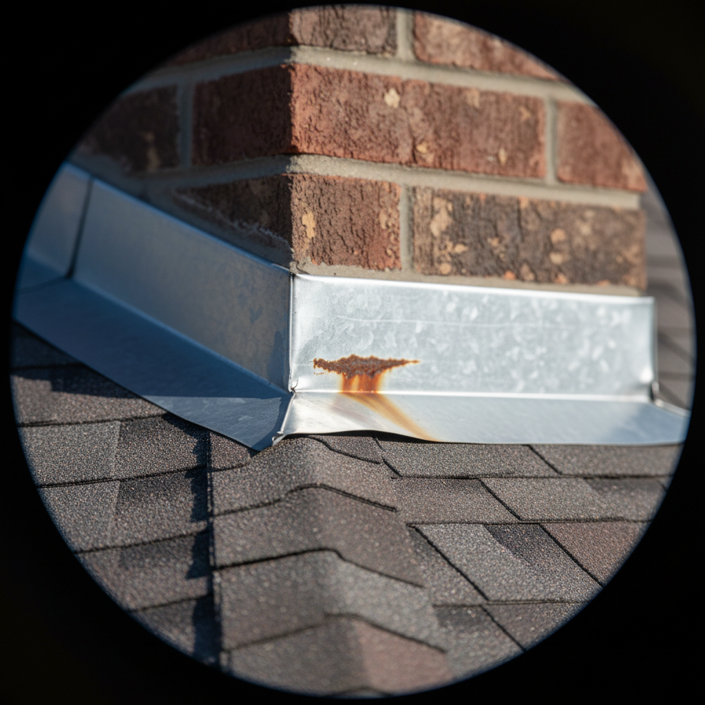 Close-up view from ground of slightly rusted and lifted chimney flashing on a residential roof