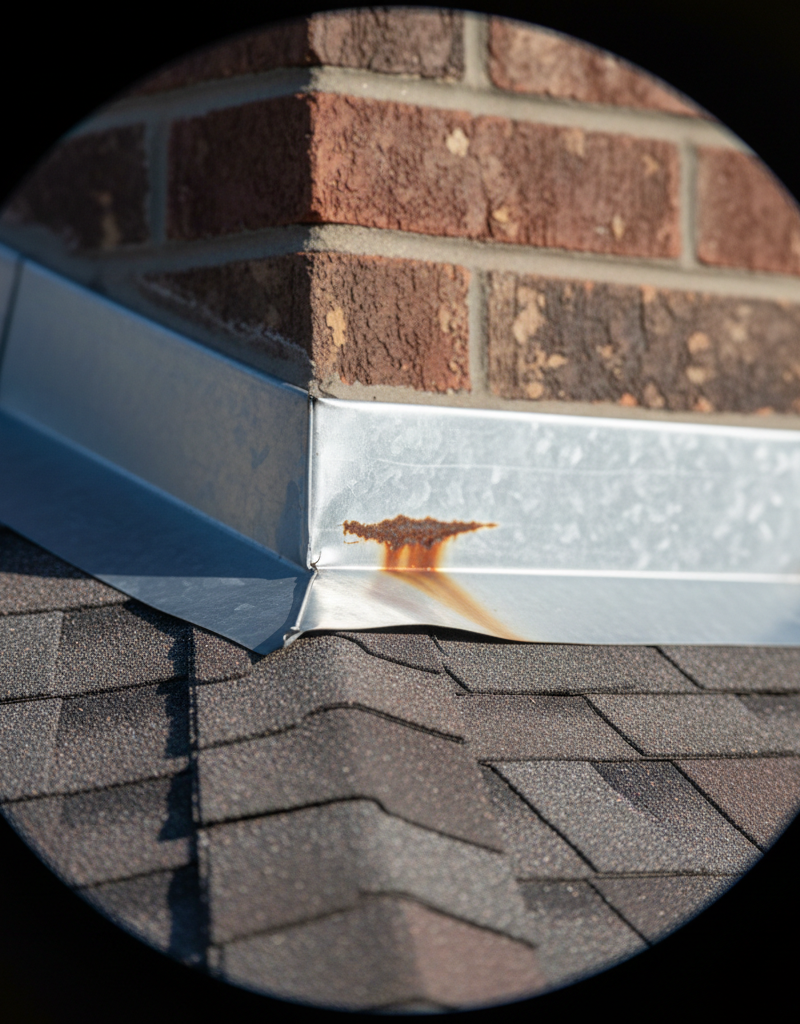 Close-up view from ground of slightly rusted and lifted chimney flashing on a residential roof