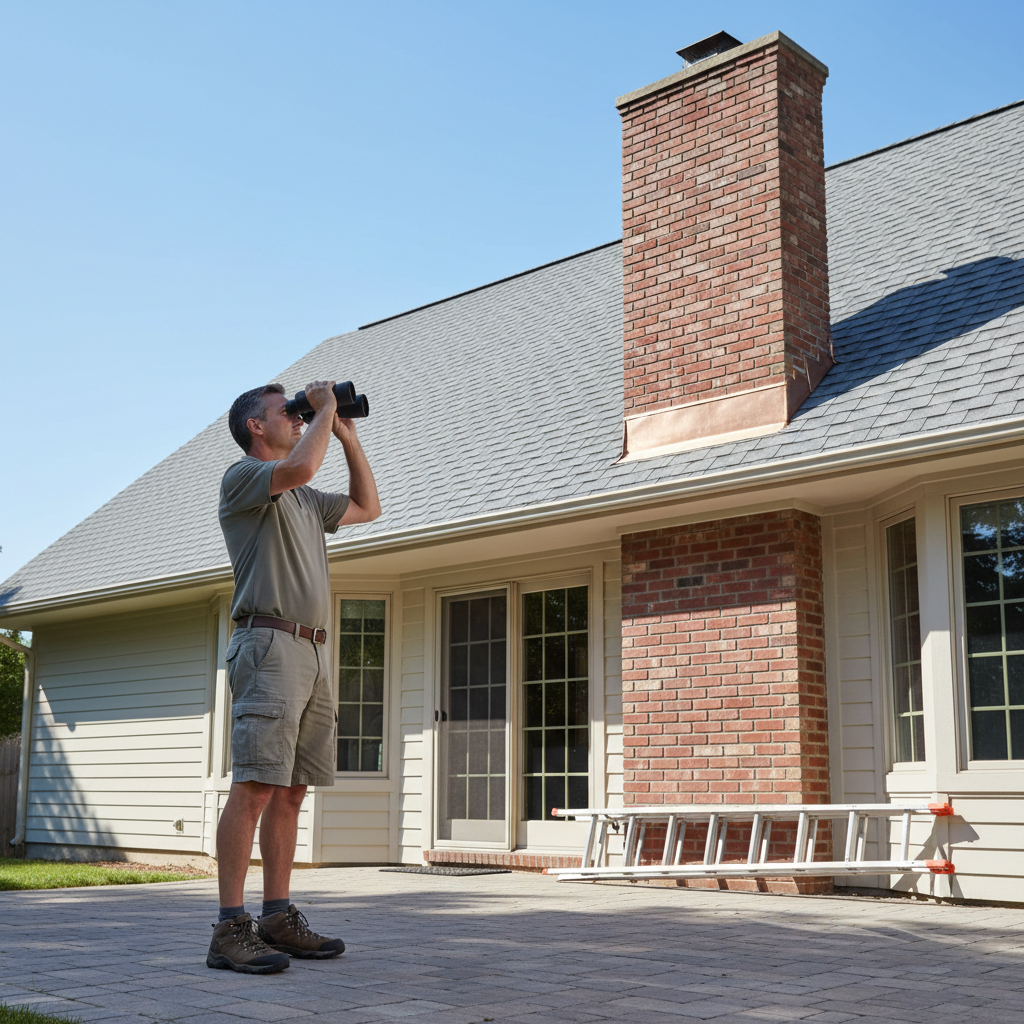 Homeowner inspecting roof flashing around a chimney with binoculars from the ground.