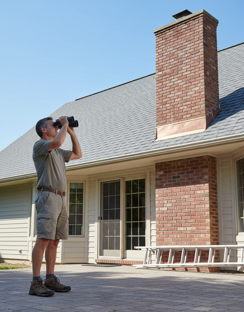 Homeowner inspecting roof flashing around a chimney with binoculars from the ground.