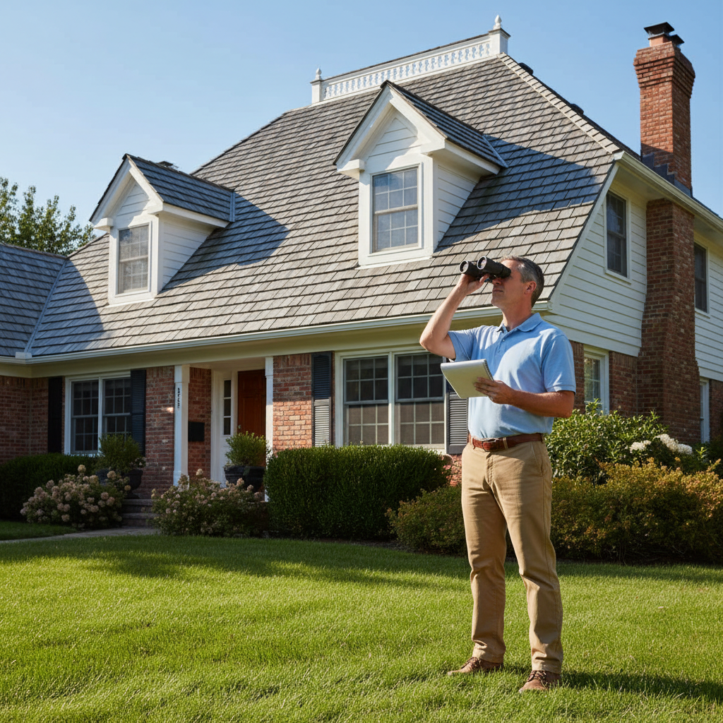 Homeowner uses binoculars to inspect their asphalt shingle roof from the ground, looking for damage.