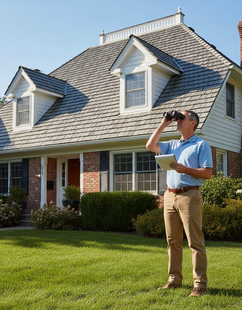 Homeowner uses binoculars to inspect their asphalt shingle roof from the ground, looking for damage.
