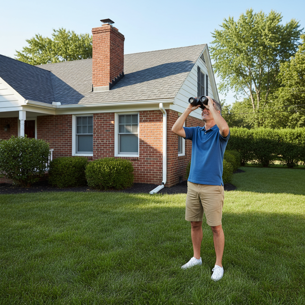 Homeowner inspecting roof from ground with binoculars.