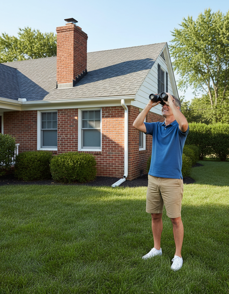 Homeowner inspecting roof from ground with binoculars.