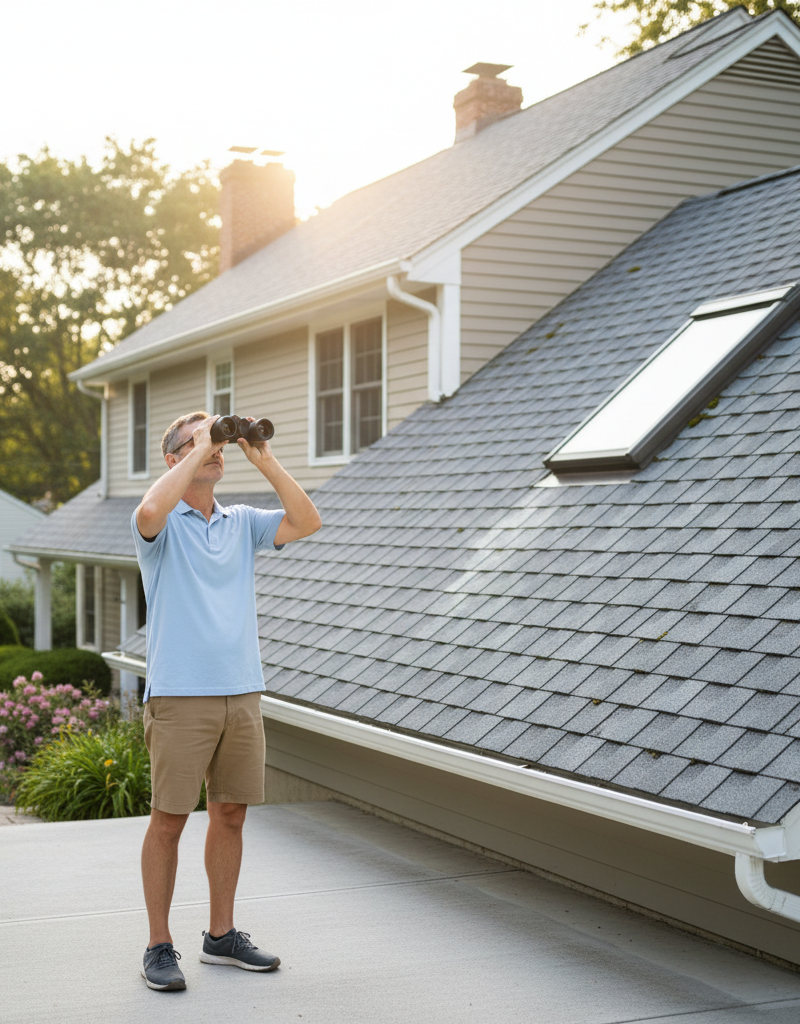 Homeowner safely inspecting their roof from the ground with binoculars.