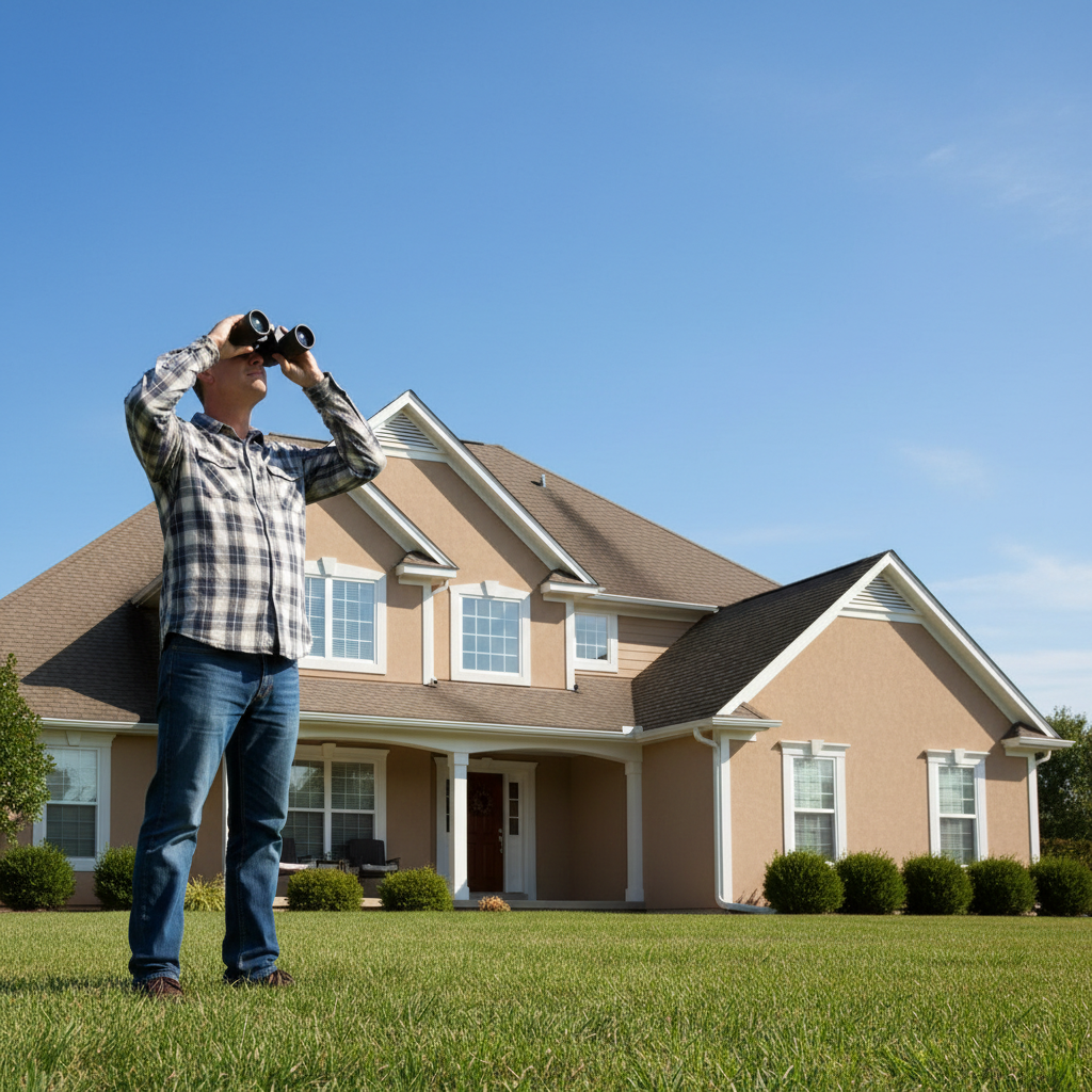 Homeowner inspecting roof from ground with binoculars, looking for warning signs.
