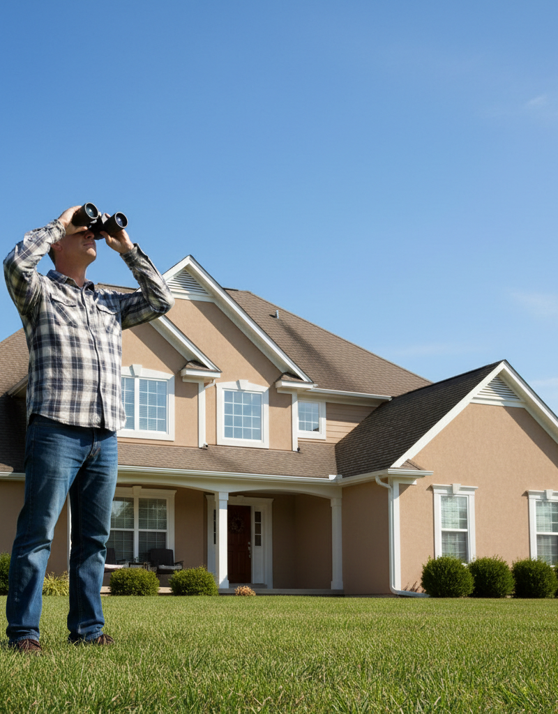 Homeowner inspecting roof from ground with binoculars, looking for warning signs.
