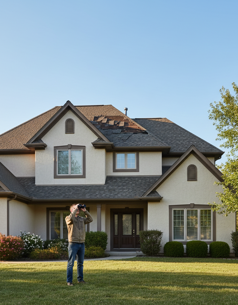 Homeowner inspecting roof from ground with binoculars, a section of missing shingles visible