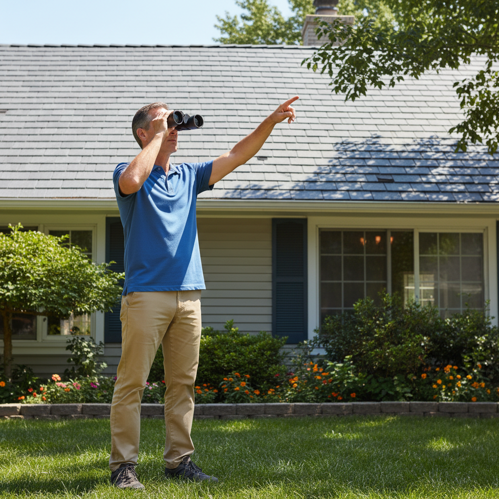 Homeowner safely inspecting their roof from the ground with binoculars
