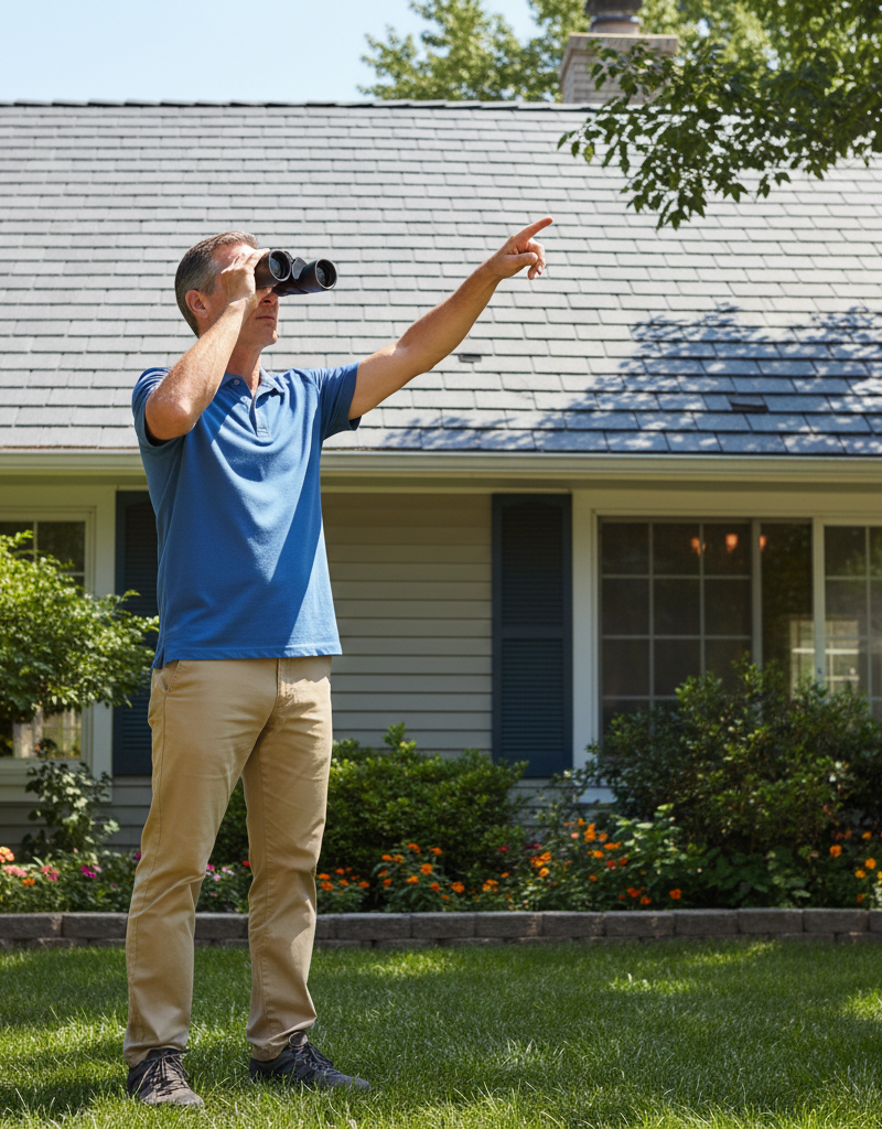 Homeowner safely inspecting their roof from the ground with binoculars