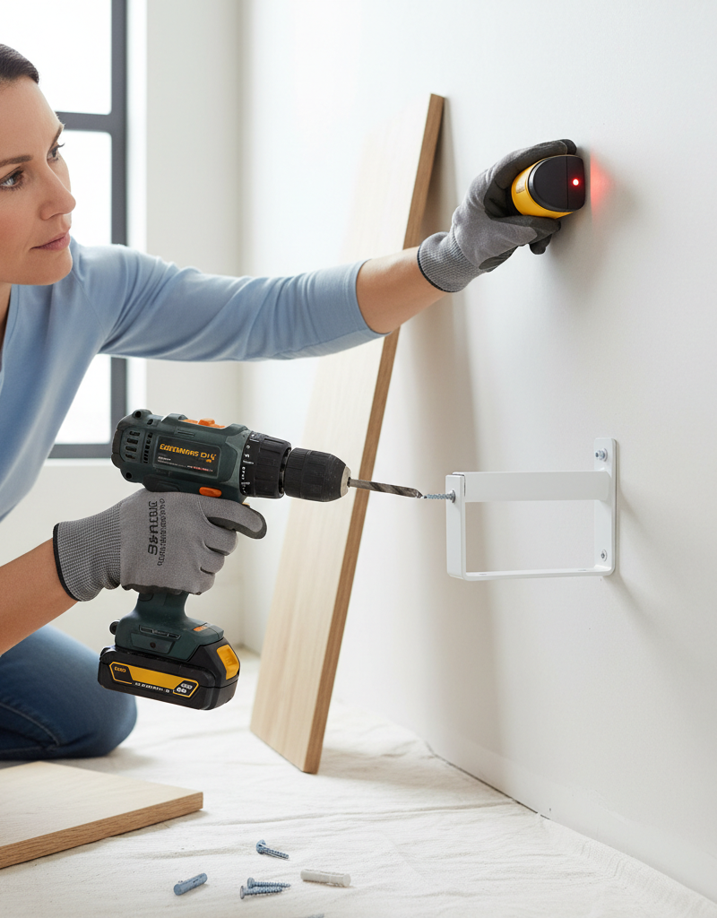 Homeowner installing a floating shelf into drywall, securing the bracket with a drill