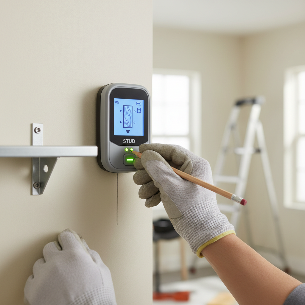 Homeowner using a stud finder to locate a wall stud before installing a floating shelf bracket on a drywall wall.