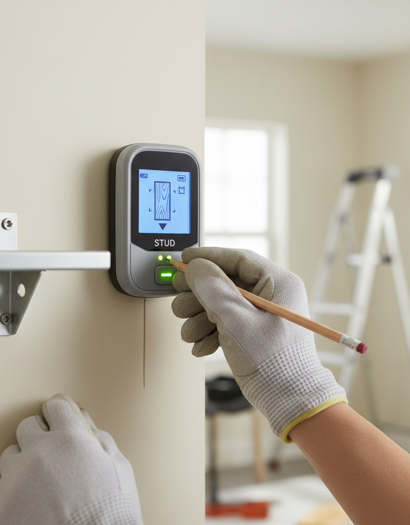 Homeowner using a stud finder to locate a wall stud before installing a floating shelf bracket on a drywall wall.