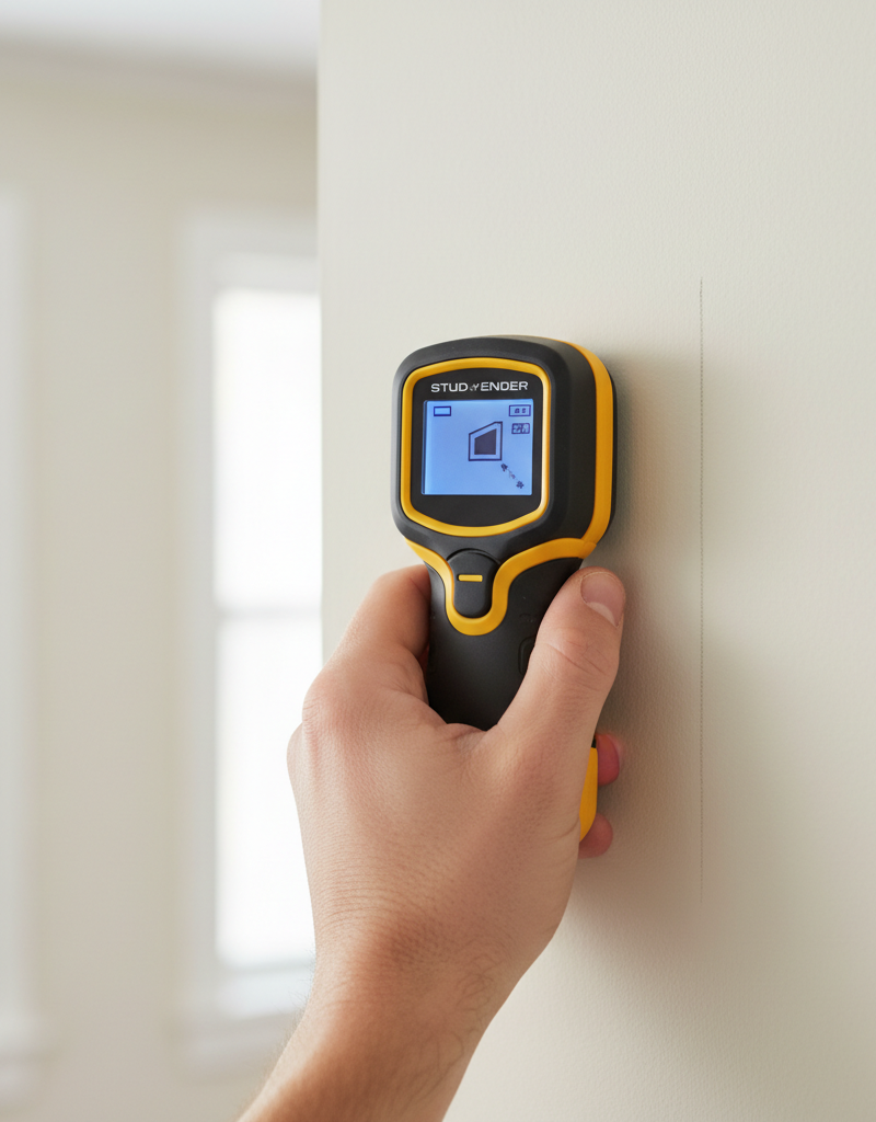 Homeowner using a stud finder to locate studs before installing floating shelves on drywall.