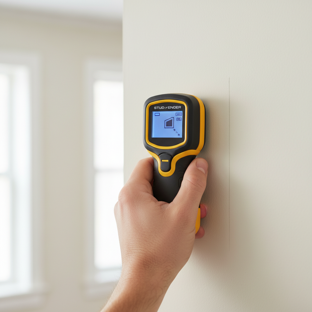 Homeowner using a stud finder to locate studs before installing floating shelves on drywall.