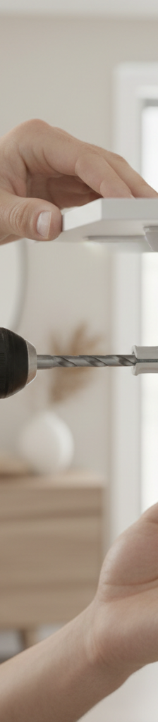 Homeowner installing a floating shelf bracket onto drywall with a drill and heavy-duty toggle bolt anchor.