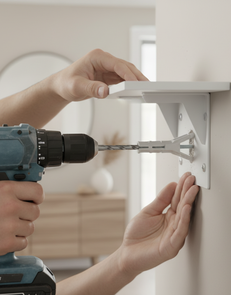 Homeowner installing a floating shelf bracket onto drywall with a drill and heavy-duty toggle bolt anchor.