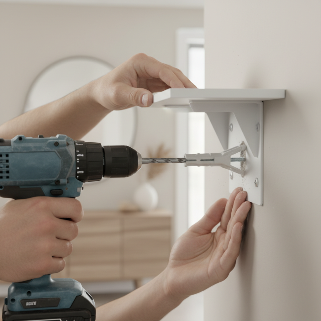 Homeowner installing a floating shelf bracket onto drywall with a drill and heavy-duty toggle bolt anchor.