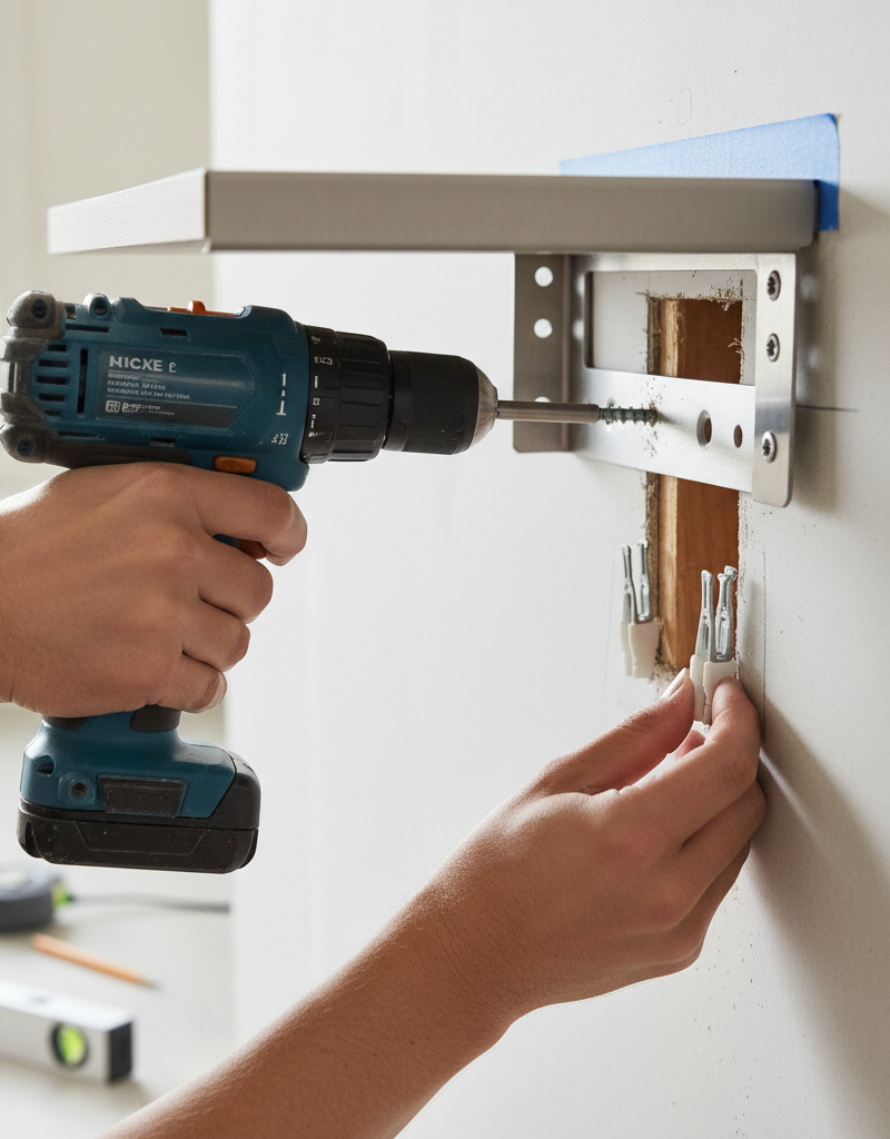 Close-up of a hand using a drill/driver to install a floating shelf bracket, with one screw driven into a wall stud and another hole ready for a toggle anchor in drywall.