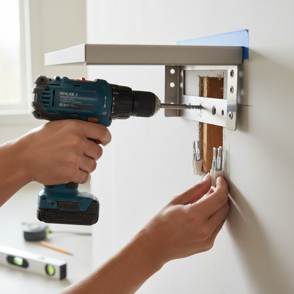 Close-up of a hand using a drill/driver to install a floating shelf bracket, with one screw driven into a wall stud and another hole ready for a toggle anchor in drywall.