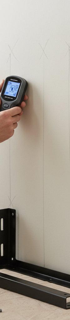 Person using a stud finder to mark a wall for floating shelf installation