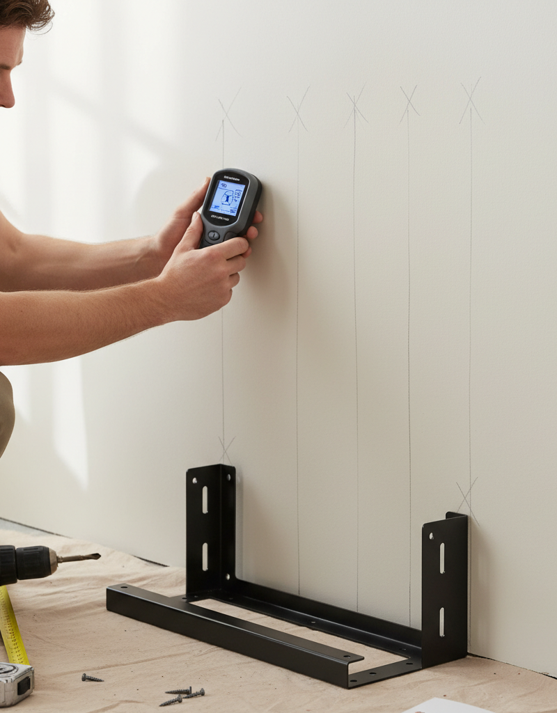 Person using a stud finder to mark a wall for floating shelf installation