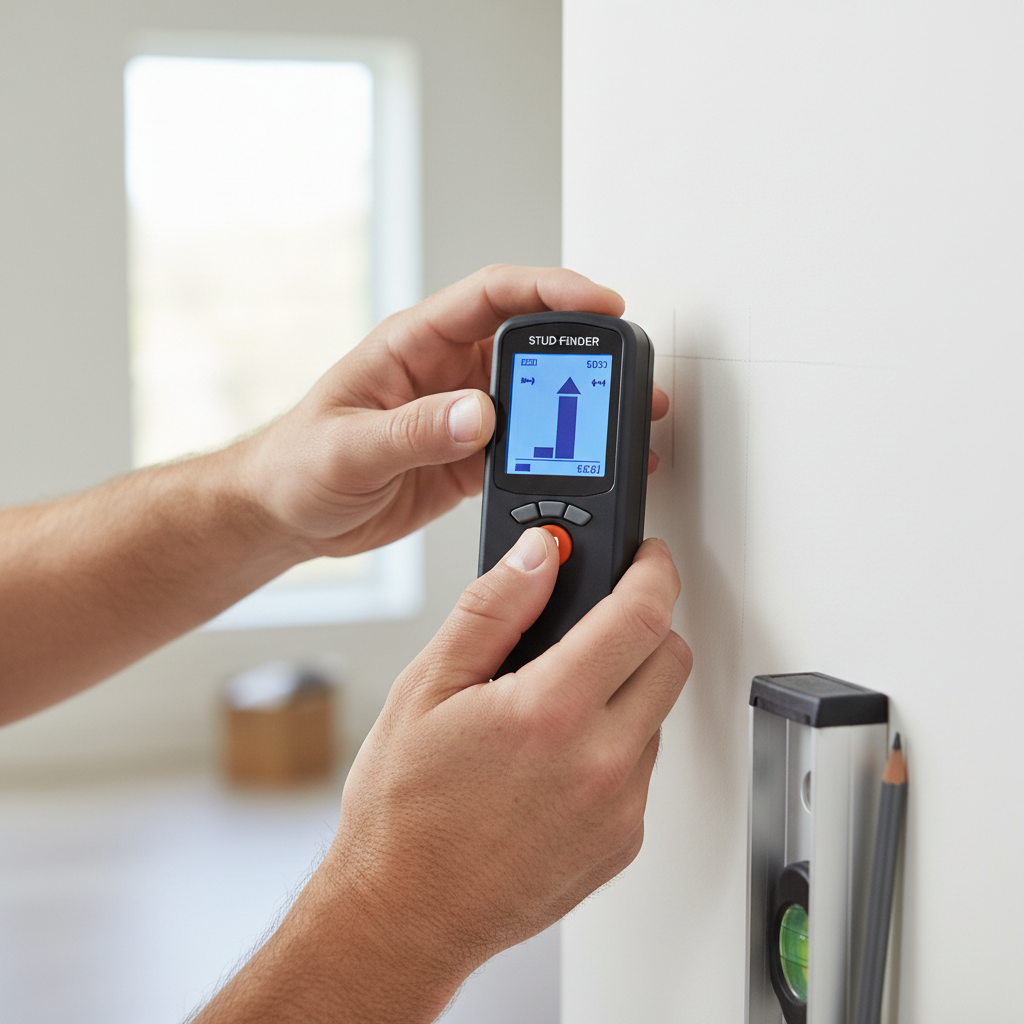 Homeowner using a stud finder to locate studs before installing floating shelves in drywall.