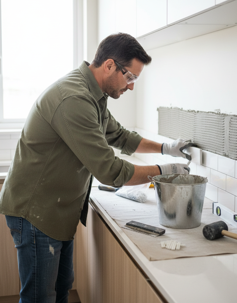 Homeowner carefully installing a white subway tile backsplash in a modern kitchen, pressing the tile into thin-set mortar.