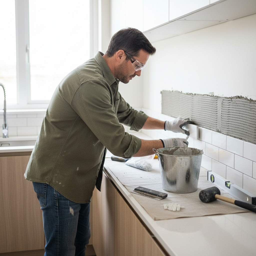 Homeowner carefully installing a white subway tile backsplash in a modern kitchen, pressing the tile into thin-set mortar.