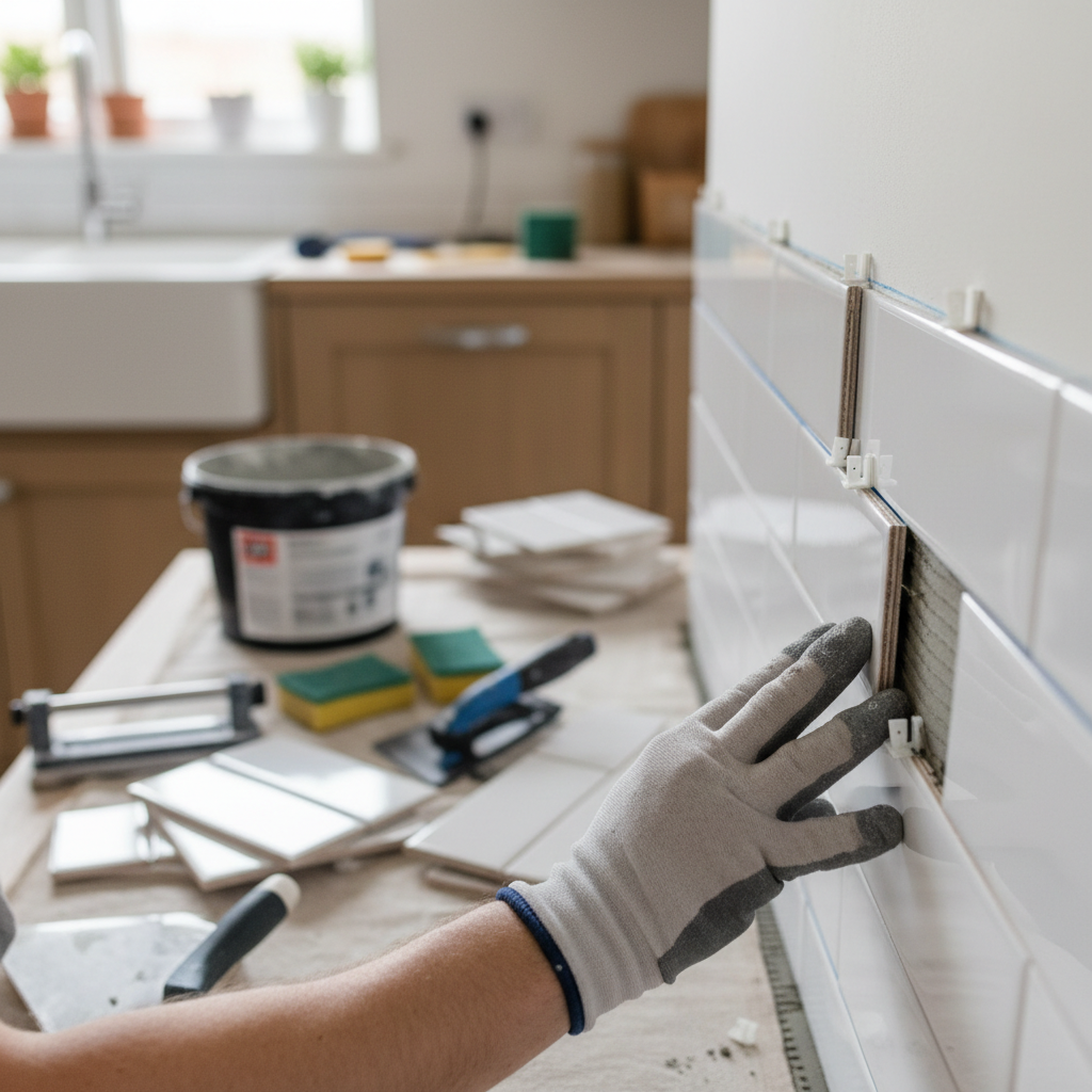 Homeowner carefully installing white subway tiles on a kitchen wall, with a level and tile spacers visible.