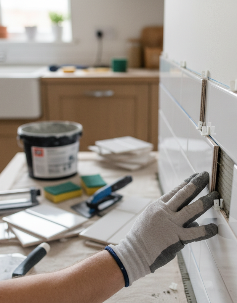 Homeowner carefully installing white subway tiles on a kitchen wall, with a level and tile spacers visible.