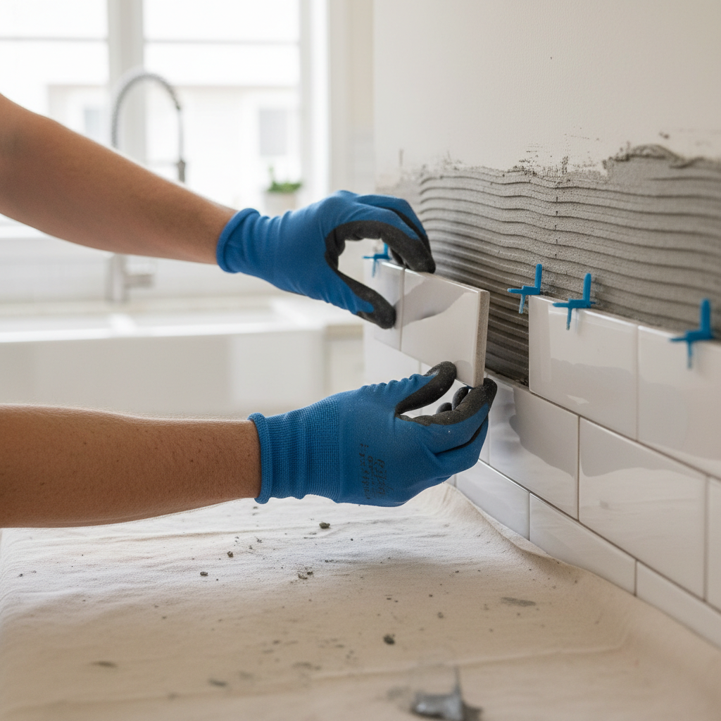 Homeowner installing white subway tile kitchen backsplash, placing tile carefully with spacers.