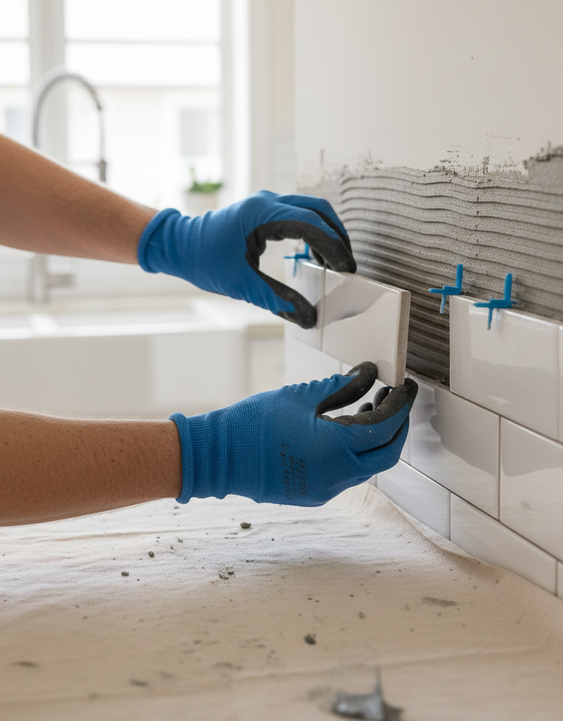 Homeowner installing white subway tile kitchen backsplash, placing tile carefully with spacers.