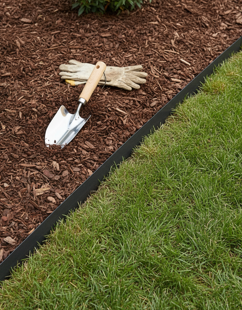 Crisp, dark landscape edging separating a mulched flower bed from a manicured green lawn.