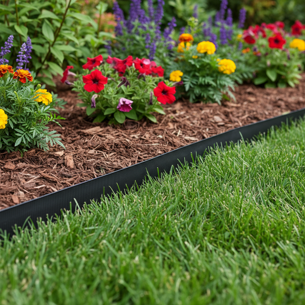 Neatly installed black plastic landscape edging separating a green lawn from a mulched flower bed.