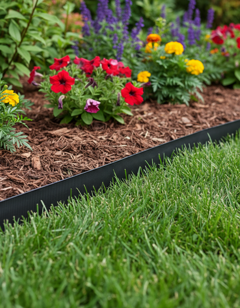 Neatly installed black plastic landscape edging separating a green lawn from a mulched flower bed.