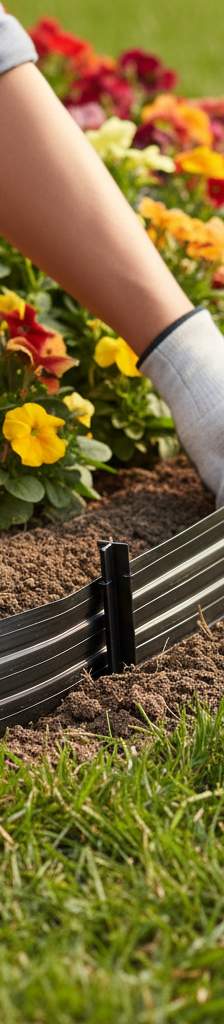 Hands installing black landscape edging into a trench around a flower bed with green grass and colorful plants.