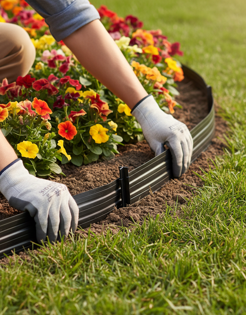 Hands installing black landscape edging into a trench around a flower bed with green grass and colorful plants.
