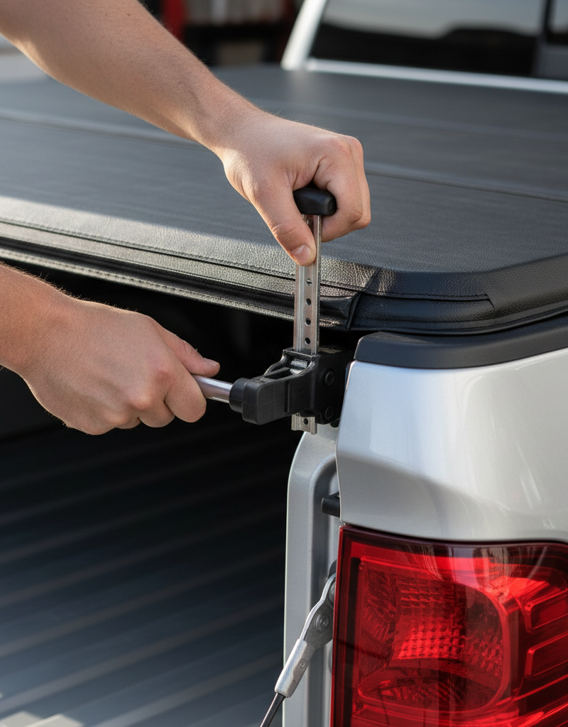 Hands tightening a clamp on a new trifold tonneau cover on a pickup truck bed.