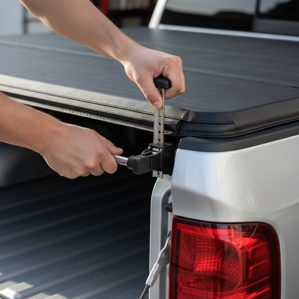 Hands tightening a clamp on a new trifold tonneau cover on a pickup truck bed.