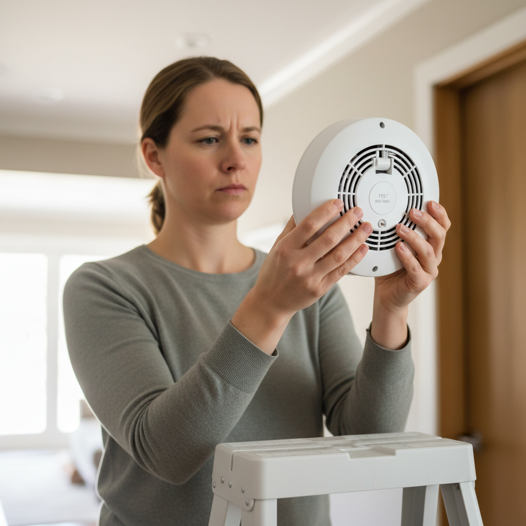 Homeowner inspecting an interconnected smoke detector on a stepladder, checking for manufacturing date or dust.