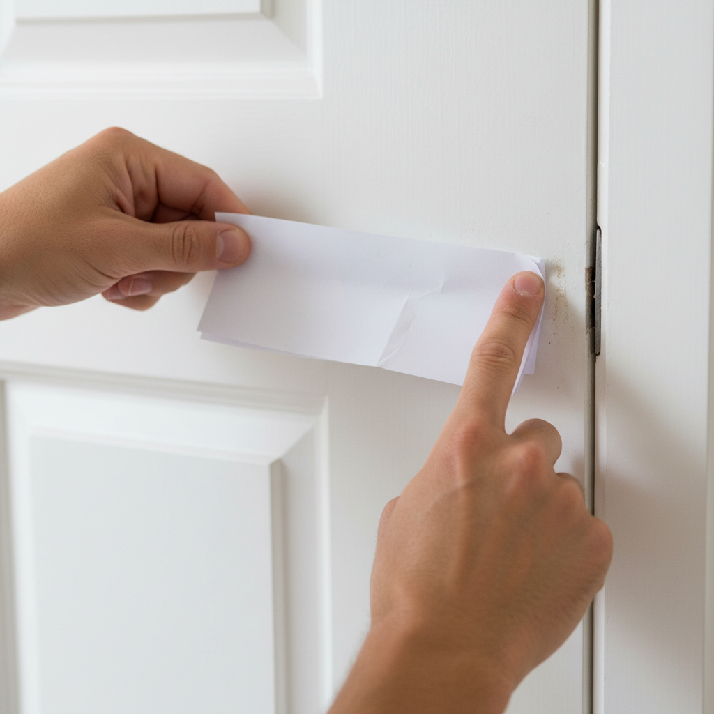 Homeowner diagnosing a sticking interior door by sliding a piece of paper between the door and the frame to find the friction point.