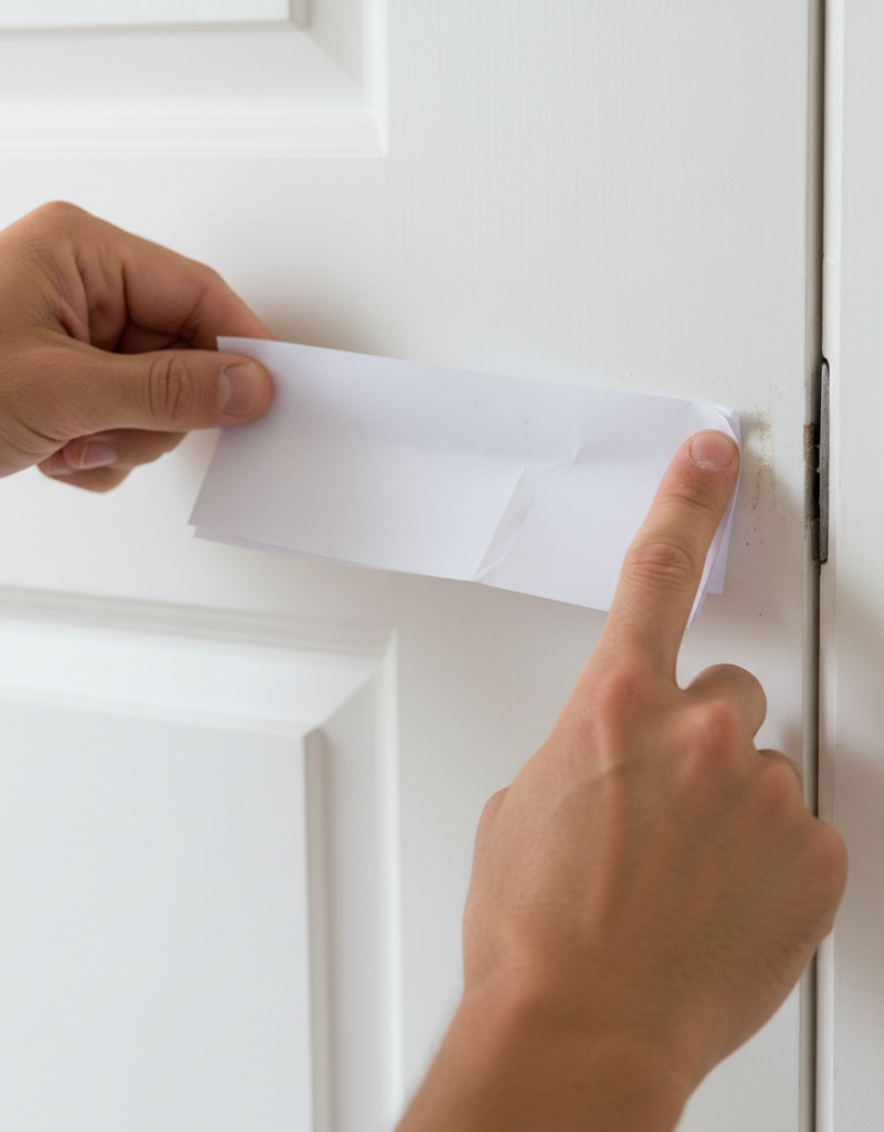 Homeowner diagnosing a sticking interior door by sliding a piece of paper between the door and the frame to find the friction point.