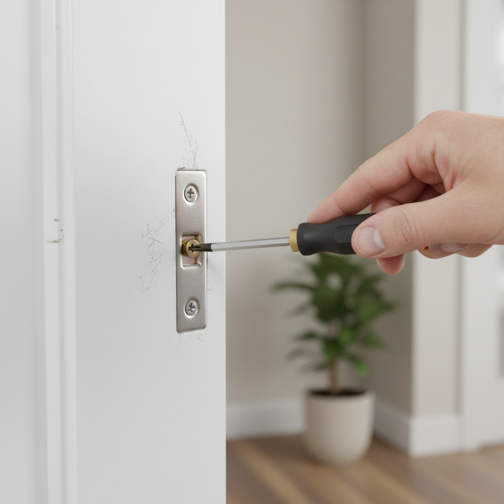 A person tightening a loose hinge screw on a wooden interior door with a screwdriver to fix a sticking problem.