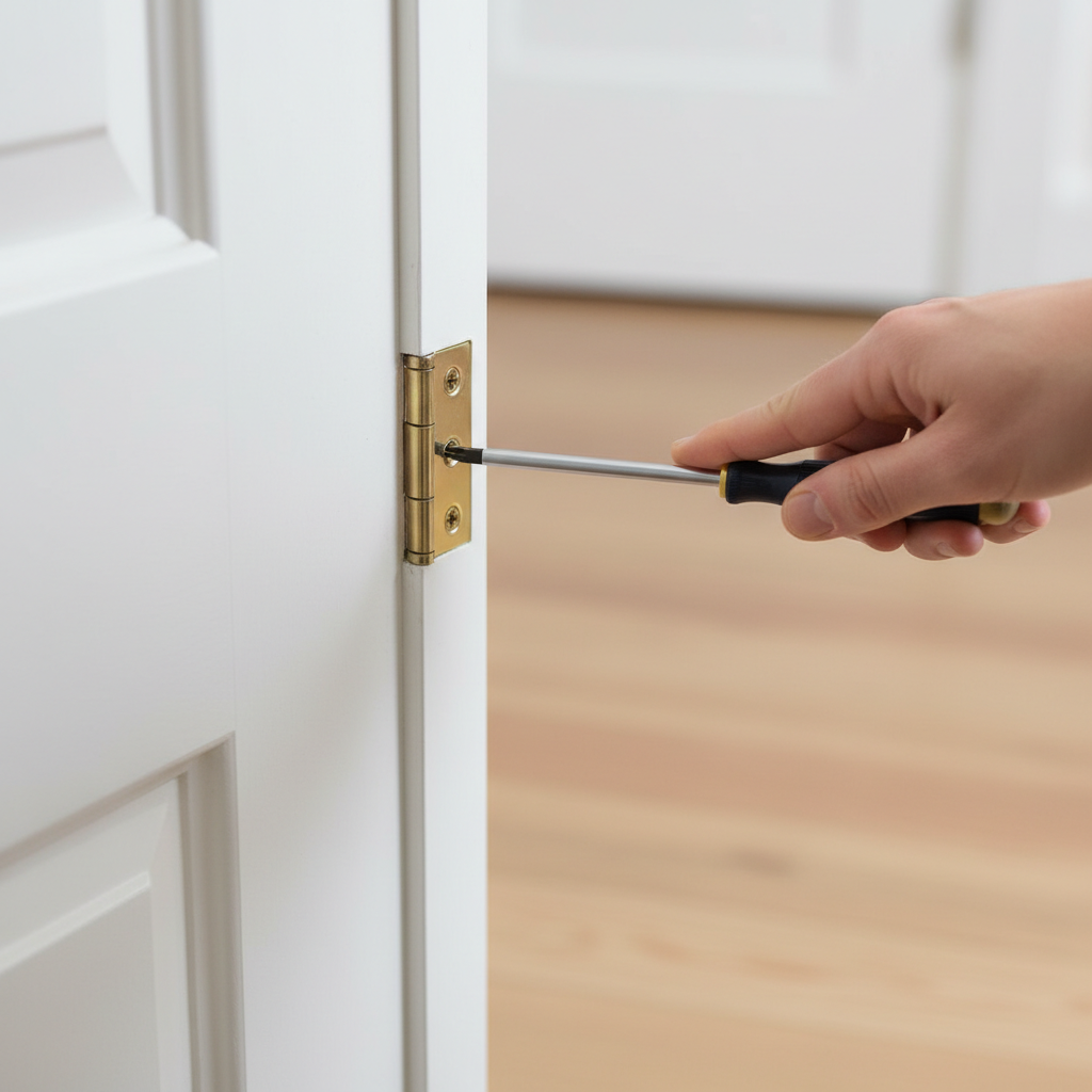 Homeowner tightening a loose hinge screw on a white interior door frame with a Phillips head screwdriver.