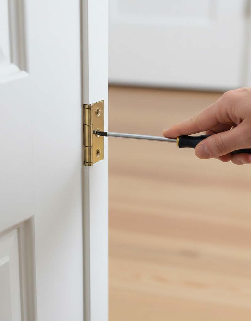 Homeowner tightening a loose hinge screw on a white interior door frame with a Phillips head screwdriver.
